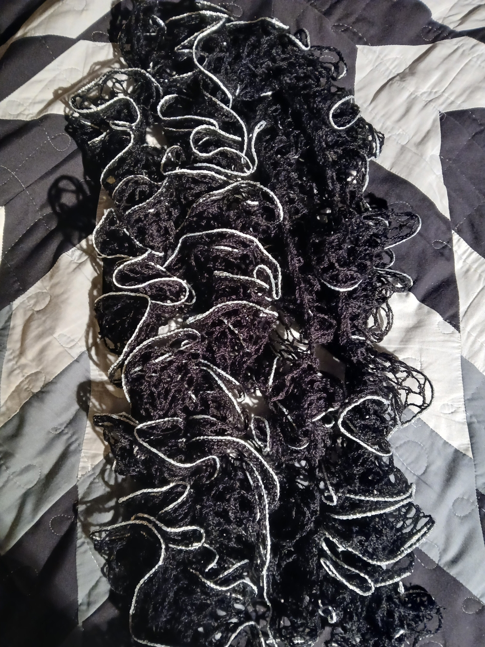Black Ruffle Knit Scarf with Silver Trim